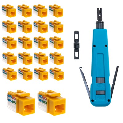 Punch Down Tool with 20 x Cat5e RJ45 Keystone Jack Yellow 45-Degree Network Set