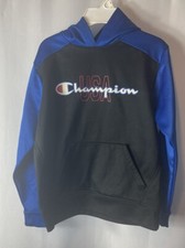 Champion Sweater 10-12 Youth Black Blue Pullover Hoodie USA Spell Out Logo Boys