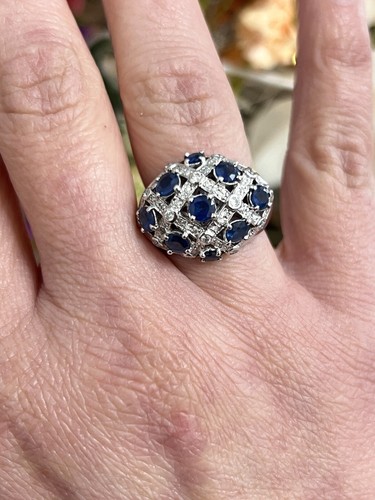 LeVian 18k White Gold 3ct Natural Blue Sapphire Diamond Dome Cocktail Ring 7.5 - Picture 7 of 12