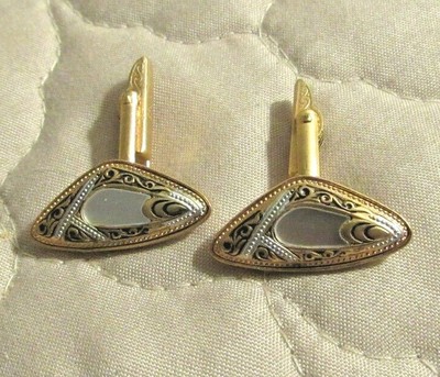 Vintage Spanish Damascene Cufflinks Gold Tone White Inlay Stamped Spain Ebay