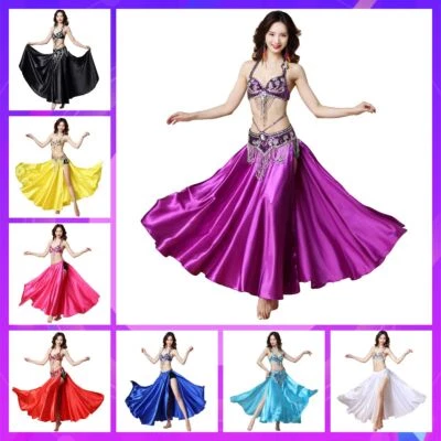 NEW Belly Dance Costume Top Bra & Belt Hip Scarf Satin Split Skirt Halloween Set