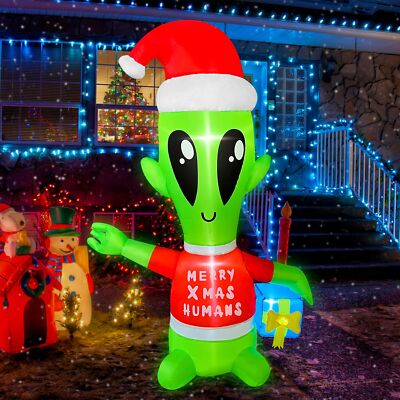 4 FT Christmas Inflatables Alien with Gift Box Decorations LED Lighted ...