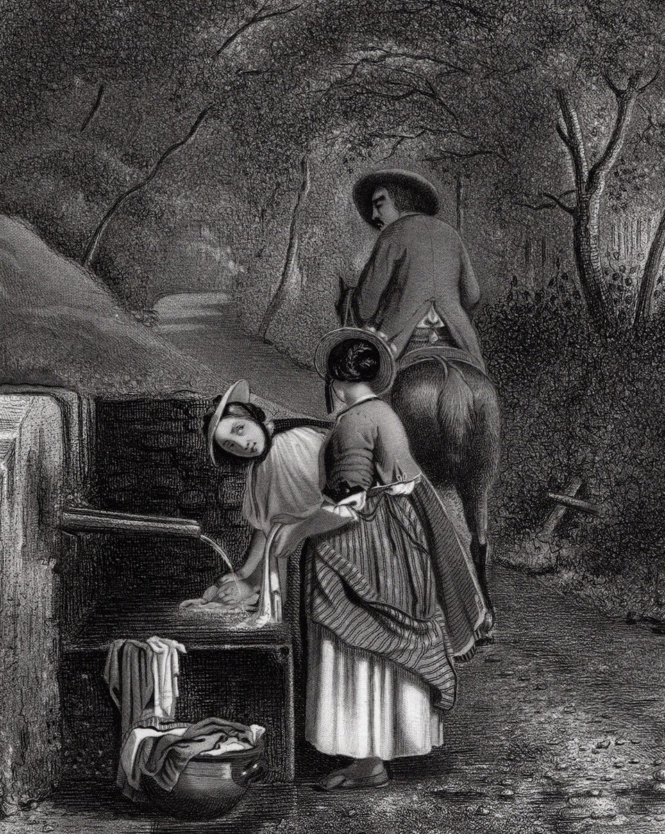 SIGNED 1800s Armand Leleux Lithograph Washerwomen of the Black