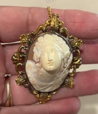 Antique Edwardian Victorian Shell Cameo Brooch Hand Carved High Relief LARGE