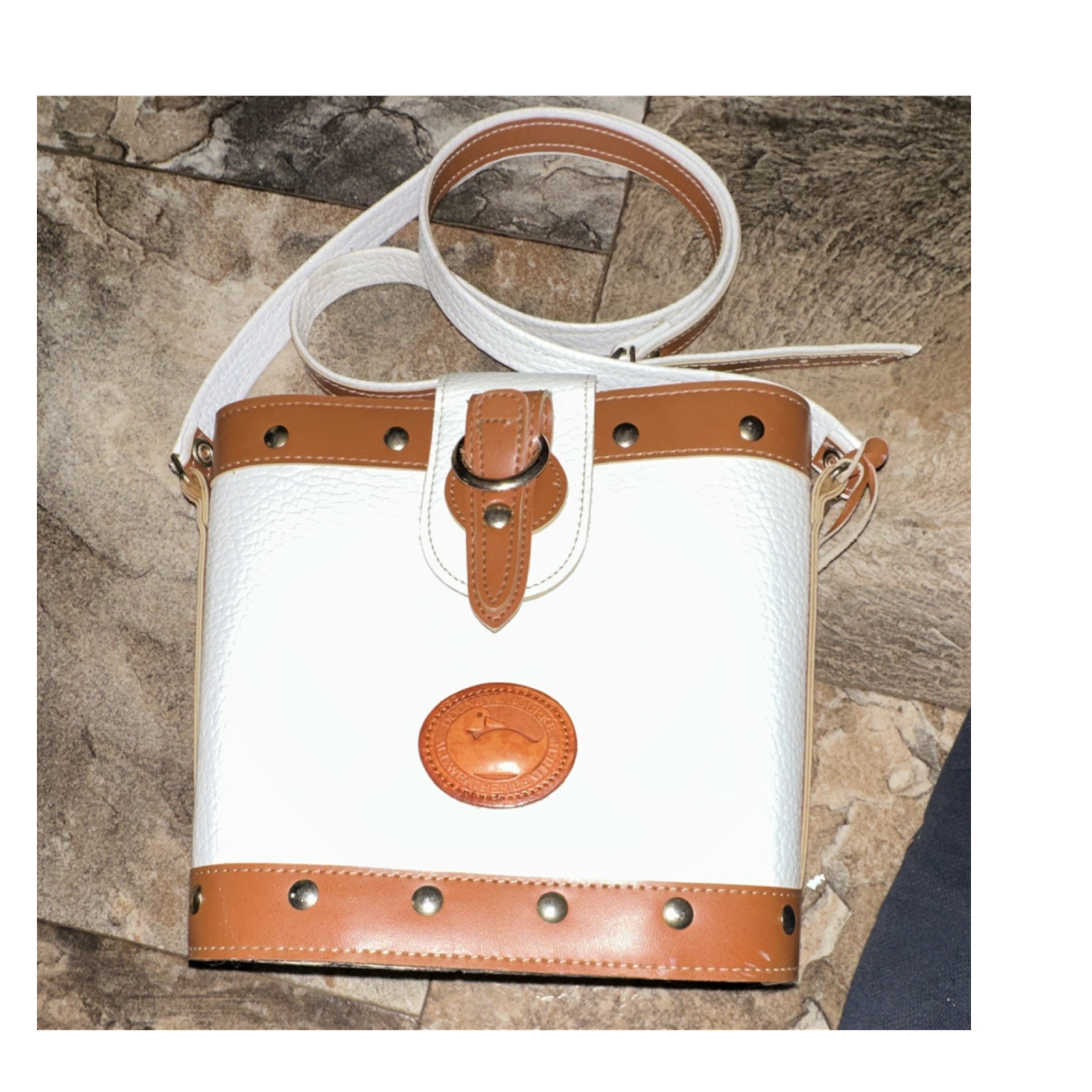 Dooney & Bourke White Pebbled Crossbody Bag Brown Trim Studded, Buckle, Gold