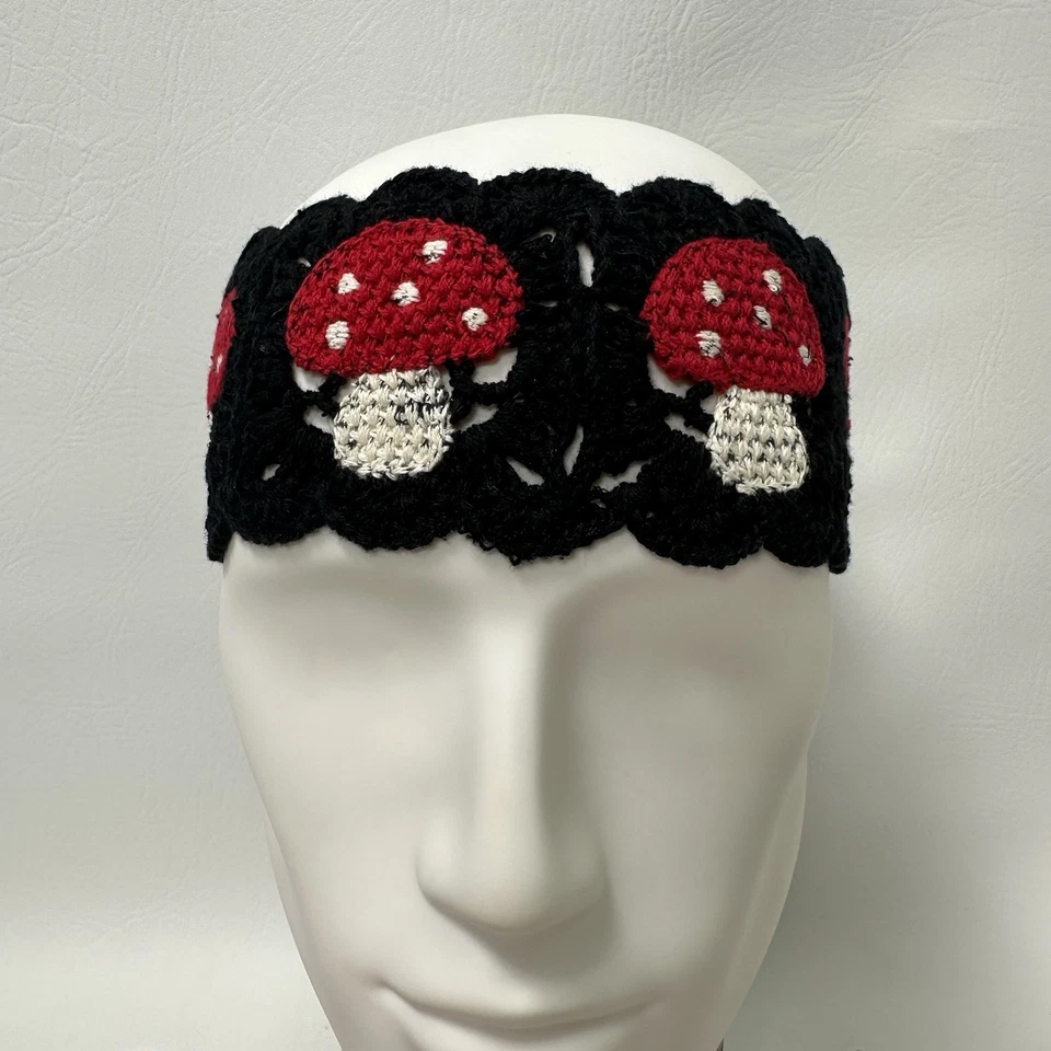Banda para la cabeza de ganchillo envoltura de setas hobo hippie cottagecore negro rojo Foto 3 de 4