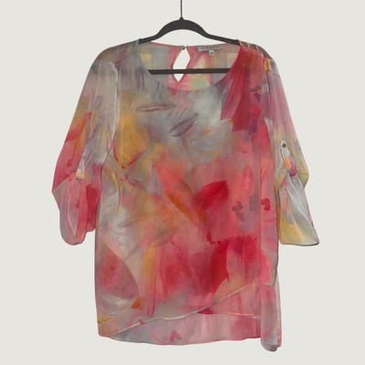 Chaus New York Pink Watercolor Floral Sheer Roll Tab Sleeve Blouse Large