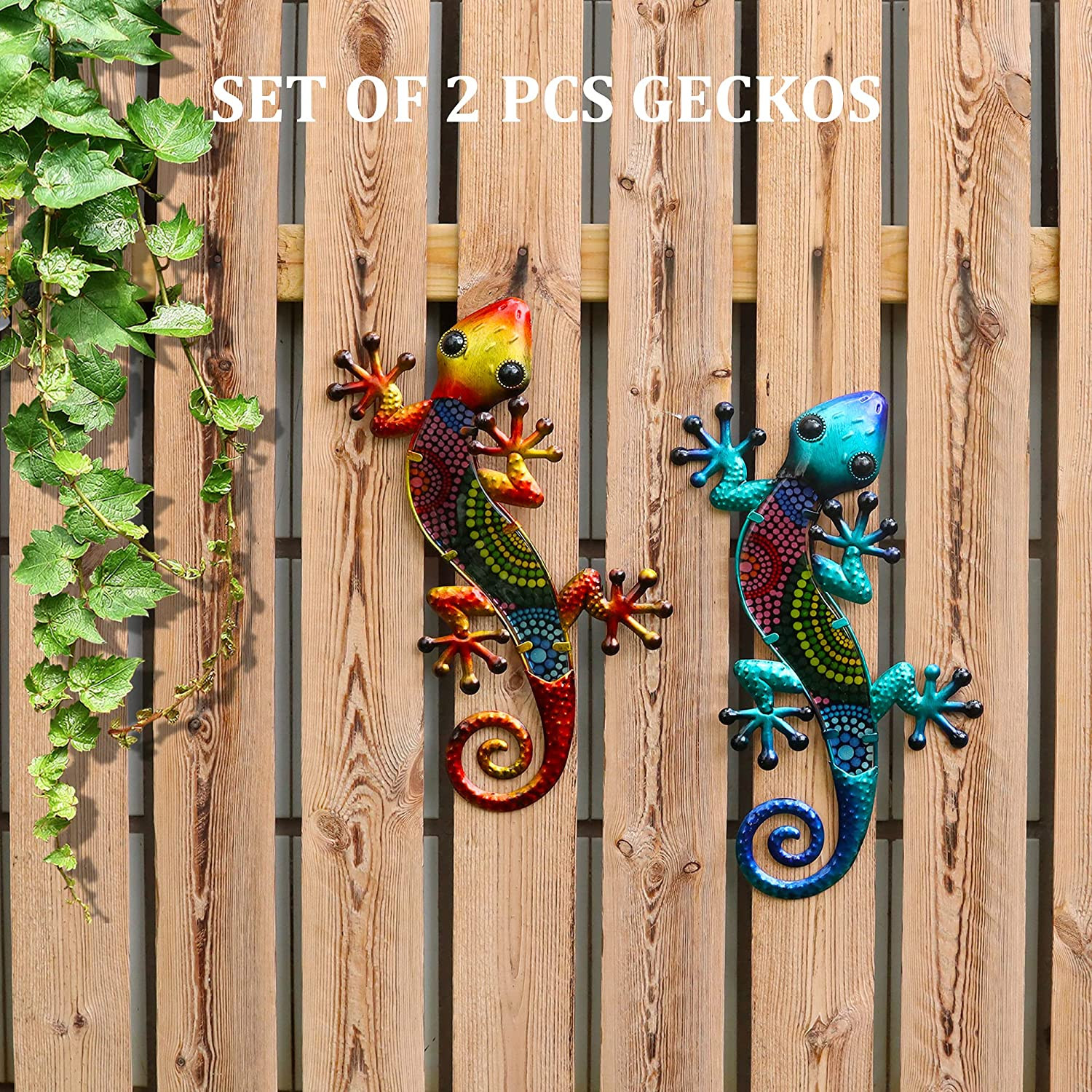 HONGLAND Metal Gecko Wall Art 2 Pack 15 Inch Lizard Outdoor Decor Hanging Glass 