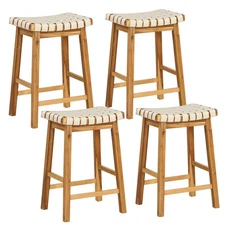 Woven Saddle Stools Set of 4 25.5" Faux PU Leather Counter Height Kitchen Stool