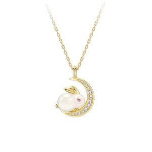 Authentic Gold Plated Rabbit Moon Pendant Necklace for Women Girls Cubic Zirconia Artifici