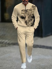 Men'S Lion Print Athletic Set - Beige  Black Contrast Long Sleeve T-Shirt  Pan