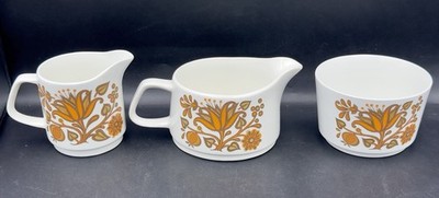 J&G Meakin Lotus Braun & Orange Blumen Zuckerdose Milchkännchen & Sauciere Set