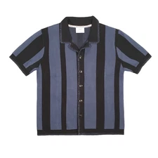 New! Percival Knitted Stripe Cuban Shirt Mens Medium Blue Black Camp Summer
