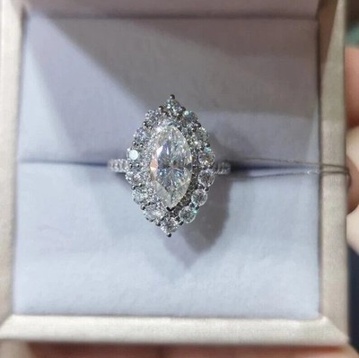 3.80 CT Marquise Cut Halo VVS1 Moissanite Engagement Ring 14K White Gold Plated