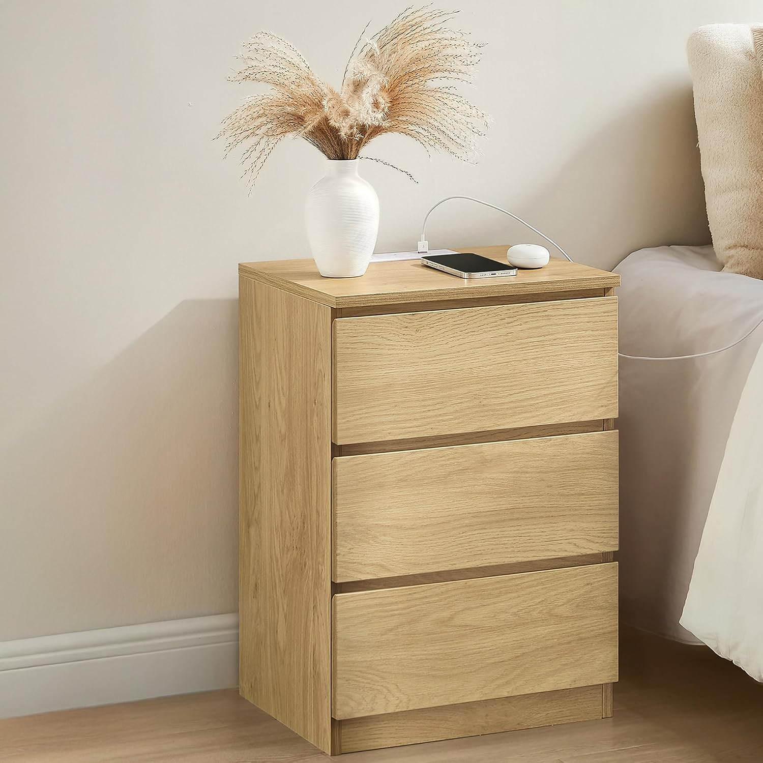 KAILYN Collection - Bedside Table with Power Strip, Side End Table with Drawers,