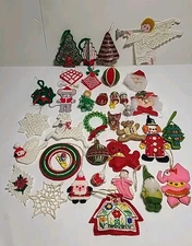 Handmade Christmas Ornaments Vintage Puffy Beaded Sequin Felt Yarn Lot 35 Pcs