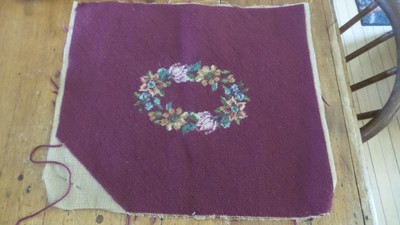Vintage Almost Finished WORKED NEEDLEPOINT Pc Floral, Burgundy, 17x14'', #1