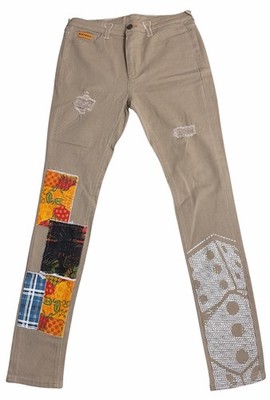 Watson Slim Fit Khaki Denim Jeans Patchwork Distressed Embroidered
