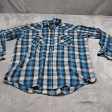 Plains Pearl Snap Shirt Mens Large Blue Plaid Long Sleeve Button Up Western