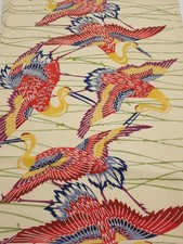 2N02z70 Japanese Kimono Crepe Silk FABRIC Crane Light cream 42.5x14.4