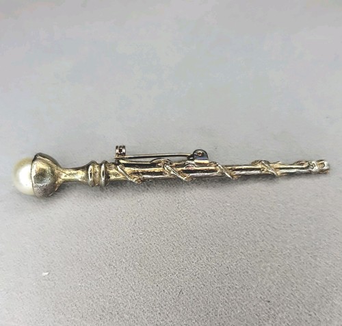Vintage Gold-Tone Scepter Wand Bar Pin Brooch: Faux Pearl Accents, Mid-Century
