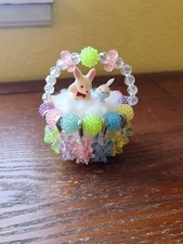 Retro Safety Pin Art Beaded Easter Basket with Bunnies Colorful Handmade