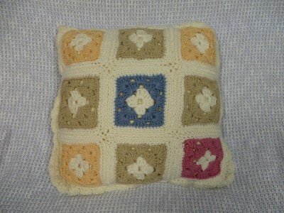Handmade Crochet Granny Square Throw Pillow Two Sided Retro Multicolor 14x14