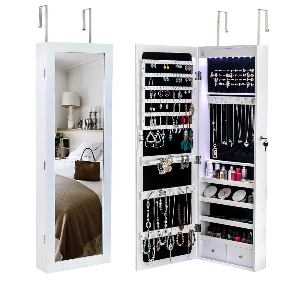 Lockable Door Wall Mounted Hanging Jewelry Cabinet Armoire Storage w/LED Light