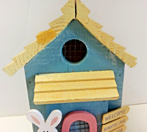 Vintage Wooden Easter Bunny Rabbit Hutch House Inn Rooms For Rent 10" Tall - Picture 3 of 9