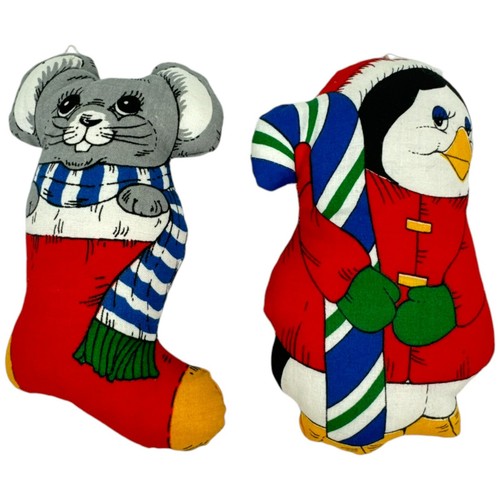 2 - Vintage Fabric Stuffed Christmas Ornaments Penguin Mouse Handmade 6" Tall