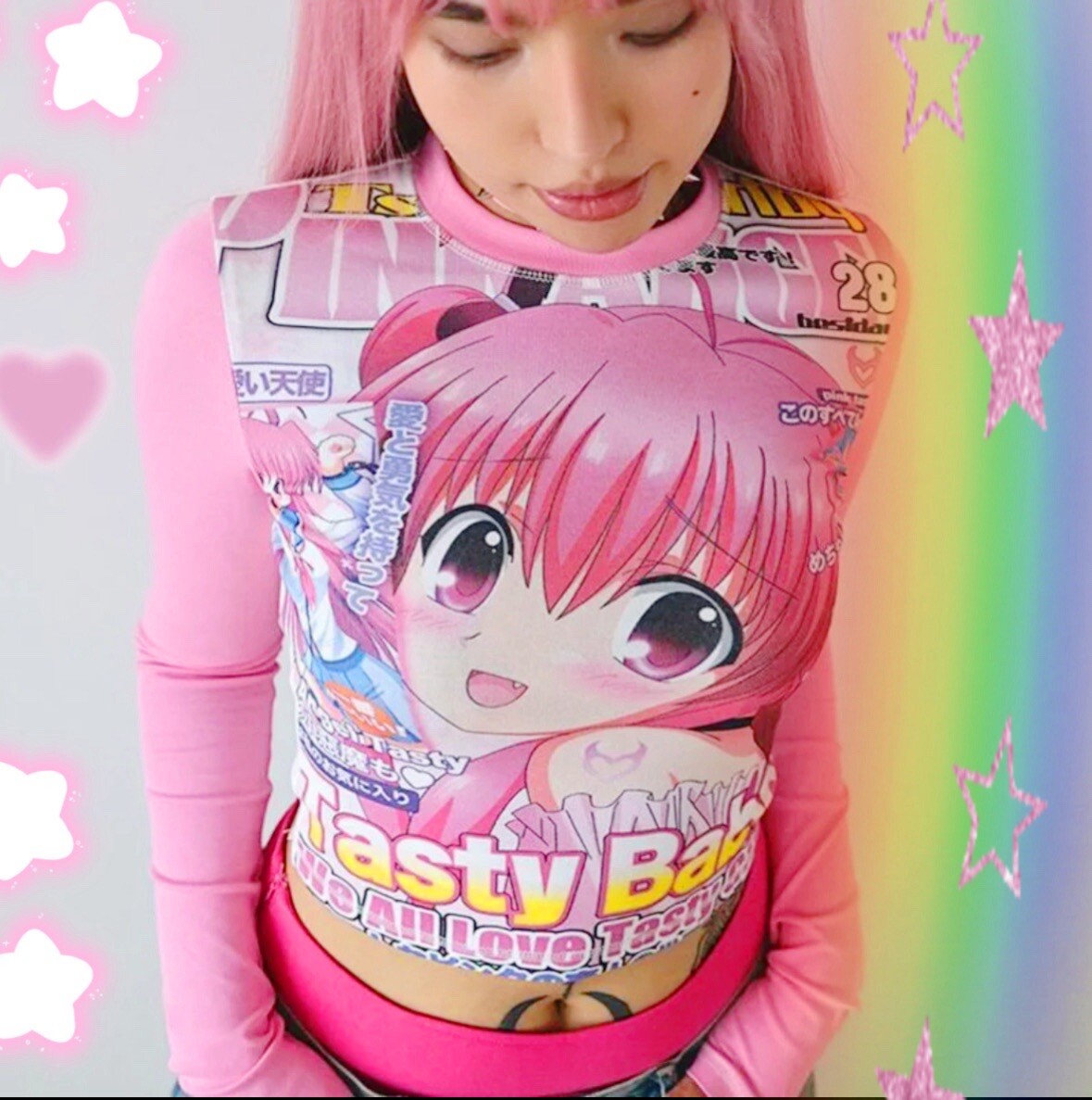 PINK CARTOON ANIME MANGA INSPIRED SHIRT KAWAII HARAJUKU Y2K CROP BABY TEE  GIRL