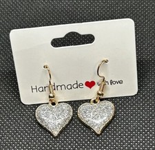 Silver Glitter Heart Sparkle Dangle Earrings Stainless Steel Hooks