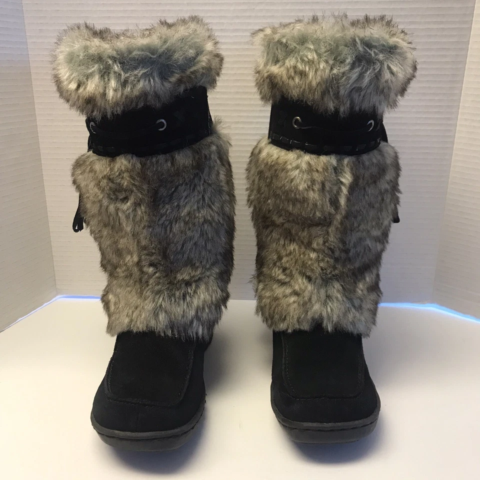 Baretraps Size 7M Wedge Black Suede Leather Faux Fur Kneehigh Boots - Image 2 of 4
