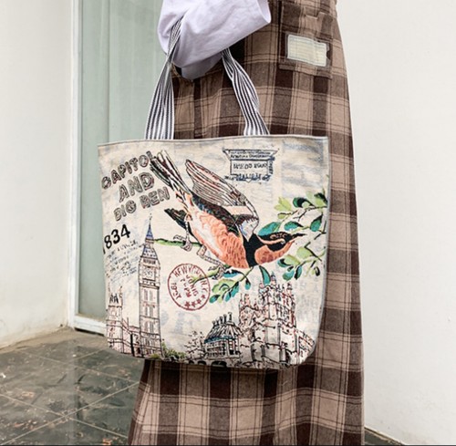 CAPITOL & Magpie Vintage Style Canvas Hand Large Chain Shoulder Tote Bag - Picture 7 of 13