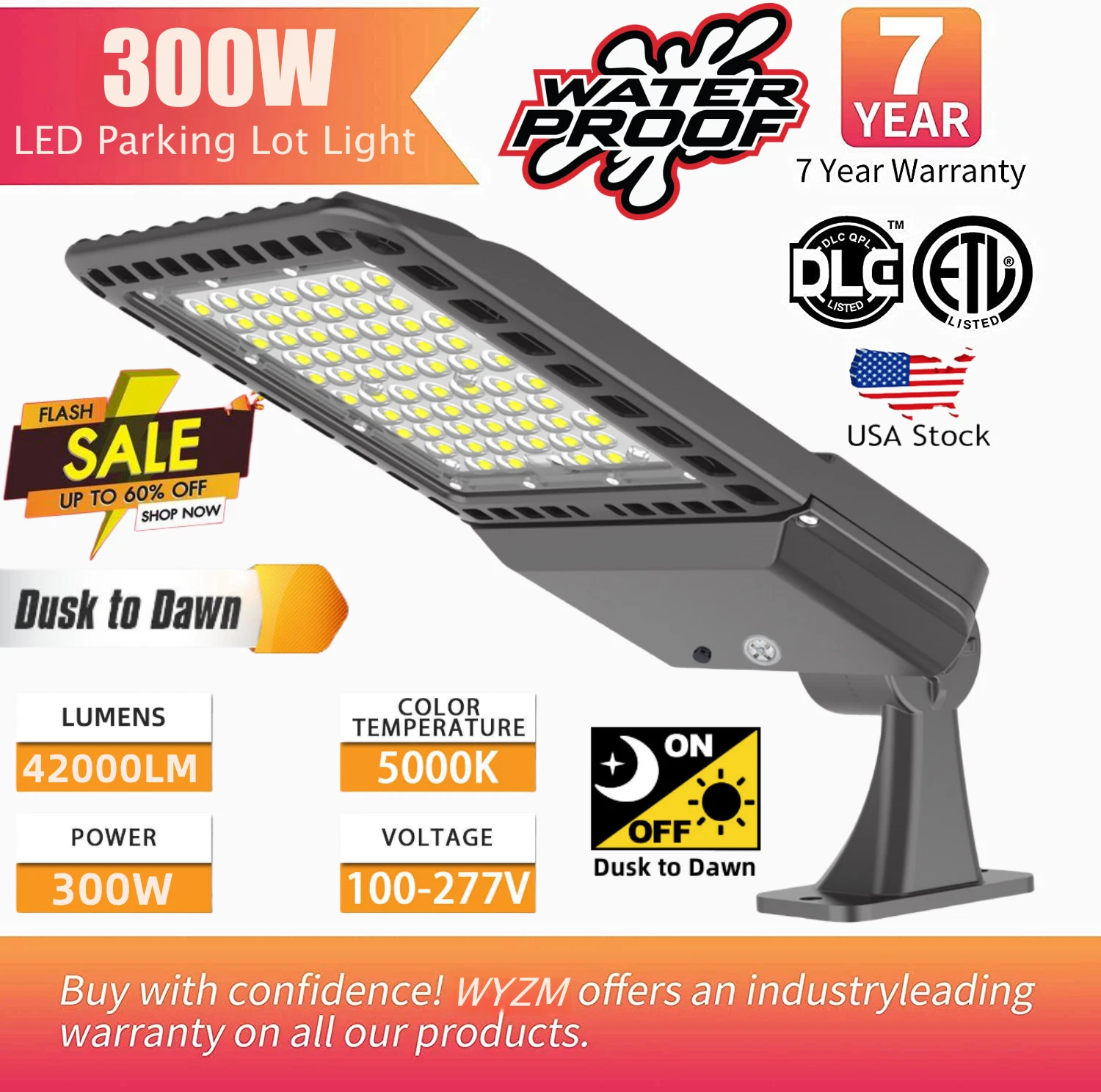 Arm Mount - 300W LED Parking Lot Light 5500k w/Sensor Dusk to Dawn Street Lights