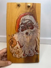 VTG Hand Painted Signed Christmas Santa POINTING Wooden Hanging Wall Plaque 1981