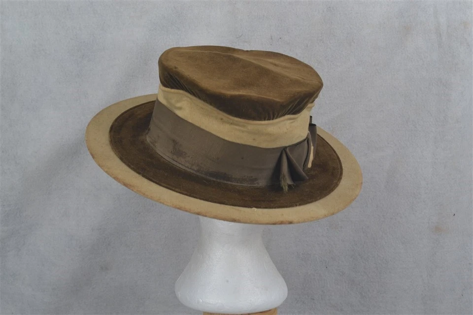 sombrero antiguo marrón tostado terciopelo ala ancha cloche victoriano eduardiano original Foto 2 de 4