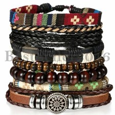 8pcs Mixed Tribal Leather Beaded Cuff Wristband Bangle Bracelet for Men Women