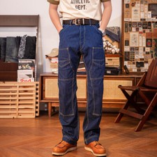 Men's Retro Indigo Wabash Trousers Railroad Stripe Miner Denim Work Pants