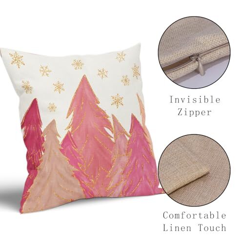 Christmas Pillow Covers Set of 2 Hot Gold Xmas Tree Snowflake 18x18 Inch Pink - Foto 4 di 7