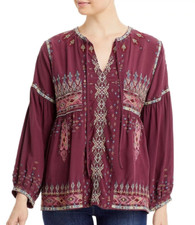 BNWT Johnny Was Deliza Boho Embroidery Split-Neck Silk Blouse Vino Noir XL 340