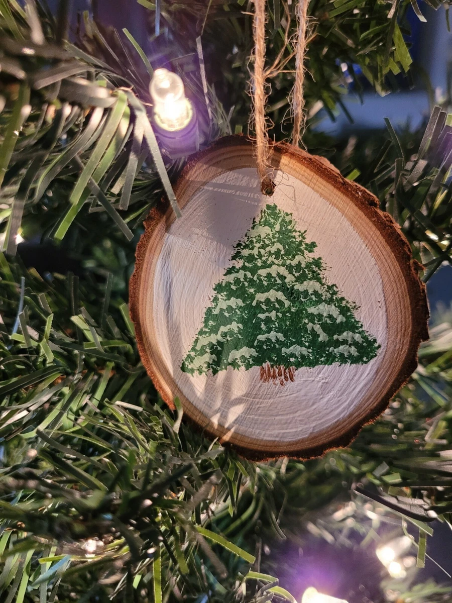 Hand Painted Christmas Ornaments (6) - Wood Slice - Minimalist - Snowy Tree