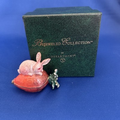 Dept 56 Rabbit & Carrot Trinket Box, Bejeweled,Enamel, hinged -2'' w/ Box- Easter