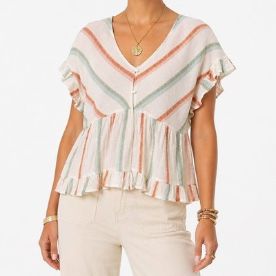Sheer Flowy Euro Summer Elevated Preppy Boho Chic Striped Short Sleeve [size L]