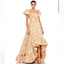 Mac Duggal 68276 Womens FLORAL PRINT PUFF SLEEVE HIGH LOWBROCADE GOWN Size 6