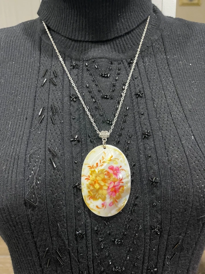 Mother Of Pearl 2" Oval Flower Pendant Necklace With Shades Of Pink Flowers - Image 2 of 4