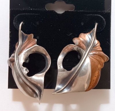 Signed Mixed Metals Art Studio made Artistsan Leaf Pierced Earrings