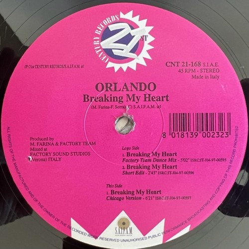Vinyl LP Schallplatte - ORLANDO - BREAKING MY HEART - ITALIEN 1997 12 Zoll - Bild 3 von 4