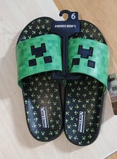 Minecraft Slides Sandals Size 6 NWT Green Creeper Slip On Shoes Gamer Kids