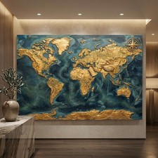 Goldene Weltkarte Vintage Kunst, Wandbild Acrylglas, Leinwand oder Poster, Deko